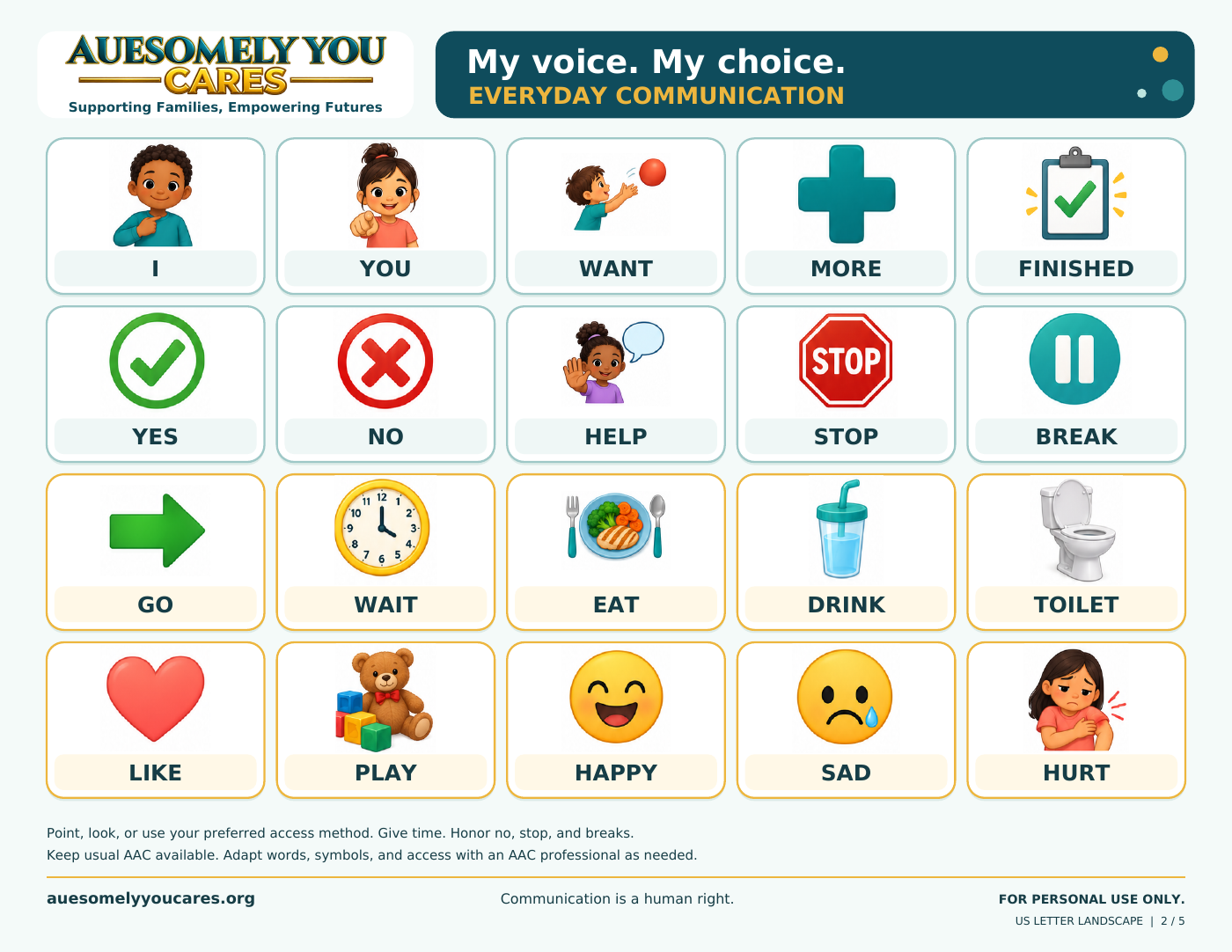 Our Everyday Communication AAC board with colorful pictures and words including I, you, want, yes, no, help, stop and break